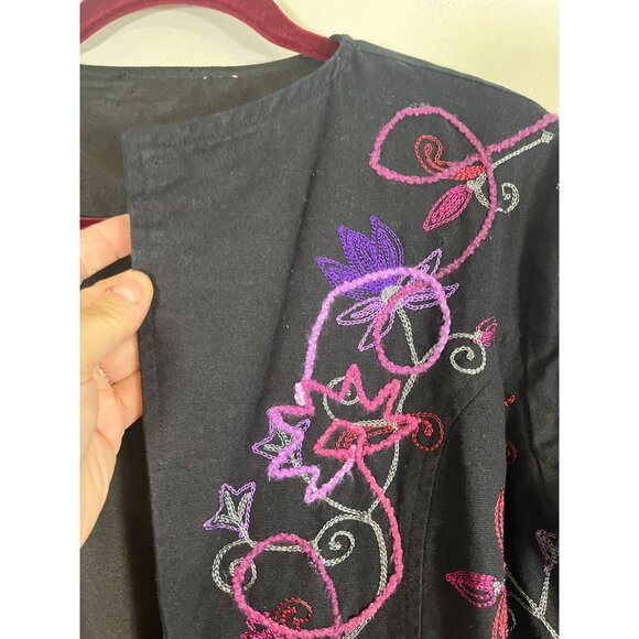 Retro Floral Embroidery Jacket Black L Preppy Boho Western Classic Chic Work 80s - Picture 4 of 8